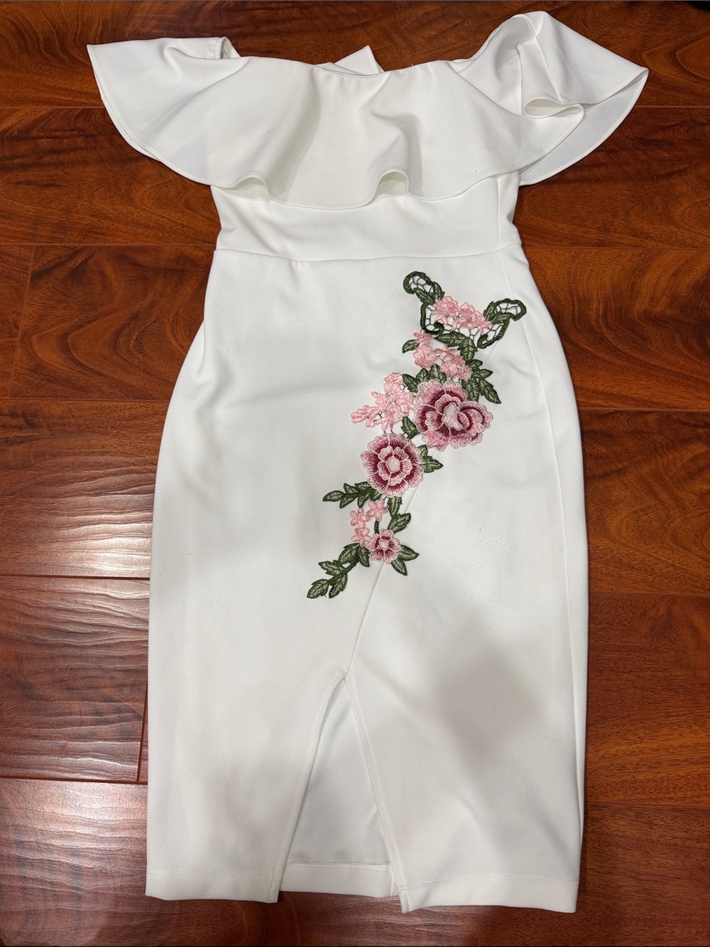 Elegant White One-Shoulder Dress with Pink Floral Embroidery